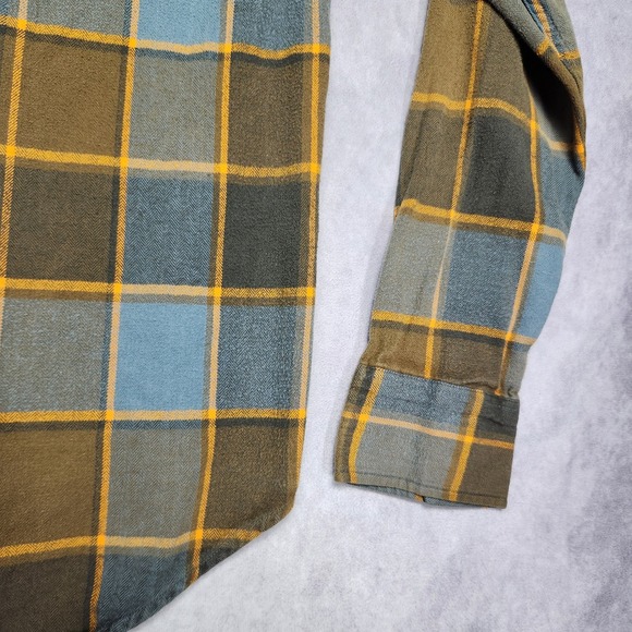 Fox Plaid Long Sleeve Flannel Shirt Mens Size L Blue Brown Gold - Picture 16 of 16